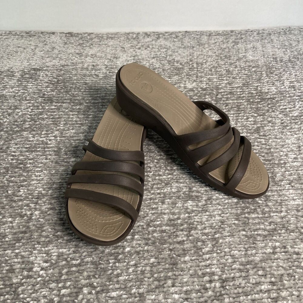 CROCS SANDLES WOMEN RHONDA WEDGE BROWN SZ 10 W SLIP ON